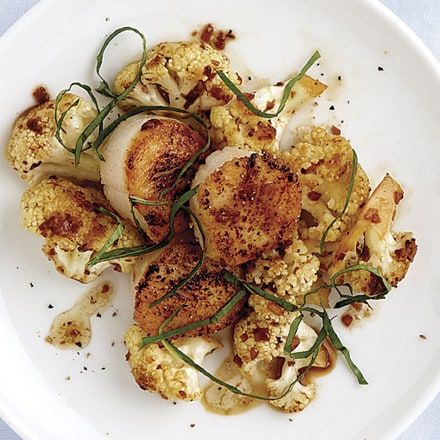 Seared Scallops with Cauliflower, Brown Butter, and Basil